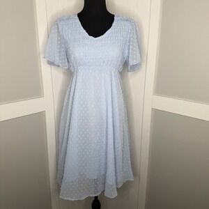 Yesfashion Dress Womens Medium Blue Smocked Bodice Swiss Dot Flutter Sleeve